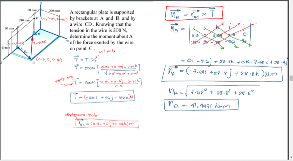 300 mm
A rectangular plate is supported
D(o,0.,w) by brackets at A and B and by
a wire CD. Knowing that the
tension in the wire is 200 N,
determine the moment about A
MA
240 mm
MA
of the force exerted by the wire
on point C.
00min
ant vect
Co,0,6.4)
o-o sak
Vos To ost
+ 28 ek +ok-7.68i+36 4
=(- 7.cai +27 -«j+28•8k )Nm
マー
vertv fre
MA -7.6e° + 28-8² + 28 s?
41.44a1 Nom'
dapleeni Veehr
