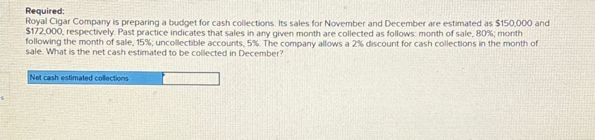 Required:
Royal Cigar Company is preparing a budget for cash collections. Its sales for November and December are estimated as $150,000 and
$172,000, respectively. Past practice indicates that sales in any given month are collected as follows: month of sale, 80%; month
following the month of sale, 15%; uncollectible accounts, 5%. The company allows a 2% discount for cash collections in the month of
sale. What is the net cash estimated to be collected in December?
Net cash estimated collections