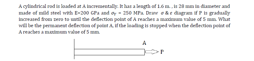 A cylindrical rod is loaded at A incrementally. It has a length of 1.6 m. , is 28 mm in diameter and
made of mild steel with E=200 GPa and oy = 250 MPa. Draw o & e diagram if P is gradually
increased from zero to until the deflection point of A reaches a maximum value of 5 mm. What
will be the permanent deflection of point A, if the loading is stopped when the deflection point of
A reaches a maximum value of 5 mm.
A
- P
