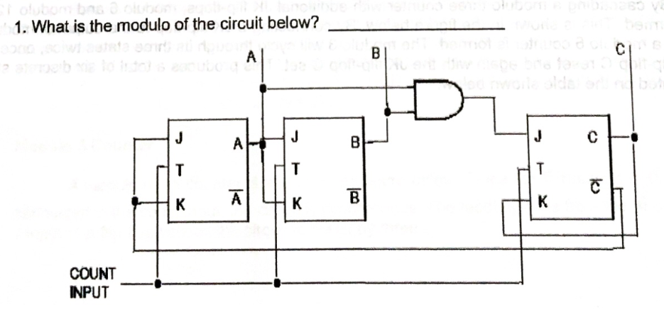 olubom bns 3 olubon
1. What is the modulo of the circuit below?
A
COUNT
INPUT
J
T
K
A
A
J
T
K
B
B
Di
B
T
K
с
C
Cins