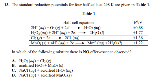 13. The standard reduction potentials for four half-cells at 298 K are given in Table 1.
Table 1
Half-cell equation
E/V
|2H* (ag) + O2 (g) + 2e H2O2 (aq)
Н.О-(аq) + 2H" (аq) + 2e —> 2H-0 ()
Cl2 (g) + 2e
MnO2 (s) + 4H" (aq) + 2e".
+0.68
+1.77
→ 2Cl (aq)
+1.36
Mn* (aq) +2H20 (I)
+1.22
In which of the following mixture there is NO effervescence observed?
А. Н-О: (аq) + Сle (g)
B. acidified H202+ MnO2 (s)
C. NaCI (aq) + acidified H2O2 (aq)
D. NaCI (aq) + acidified MnO2 (s)
