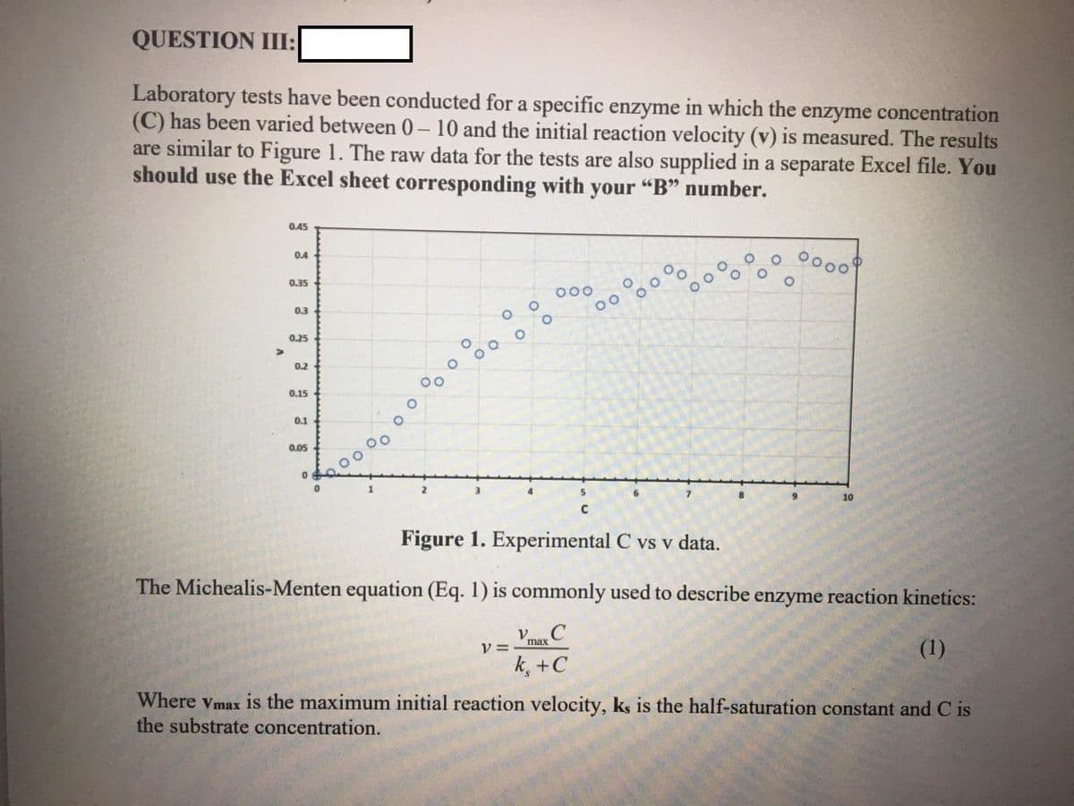 QUESTION III:
Laboratory tests have been conducted for a specific enzyme in which the enzyme concentration
(C) has been varied between 0 – 10 and the initial reaction velocity (v) is measured. The results
are similar to Figure 1. The raw data for the tests are also supplied in a separate Excel file. You
should use the Excel sheet corresponding with your "B" number.
0.45
0.4
0.35
000
0.3
0.25
0.2
0.15
0.1
0.05
2.
7.
10
Figure 1. Experimental C vs v data.
The Michealis-Menten equation (Eq. 1) is commonly used to describe enzyme reaction kinetics:
Vm, C
V max
V =
(1)
k, +C
Where Vmax is the maximum initial reaction velocity, ks is the half-saturation constant and C is
the substrate concentration.
