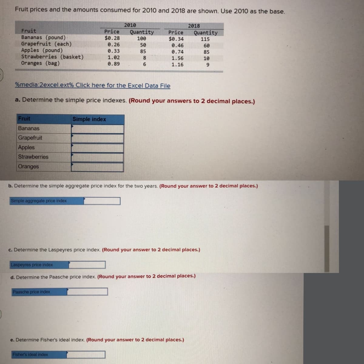 Fruit prices and the amounts consumed for 2010 and 2018 are shown. Use 2010 as the base.
2010
2018
Fruit
Price
$0.28
Quantity
Price
$0.34
Quantity
115
Bananas (pound)
Grapefruit (each)
Apples (pound)
Strawberries (basket)
Oranges (bag)
100
0.26
50
0.46
60
0.33
85
e.74
85
1.02
8
1.56
10
0.89
1.16
9
%media:2excel.ext% Click here for the Excel Data File
a. Determine the simple price indexes. (Round your answers to 2 decimal places.)
Fruit
Simple index
Bananas
Grapefruit
Apples
Strawberries
Oranges
b. Determine the simple aggregate price index for the two years. (Round your answer to 2 decimal places.)
Simple aggregate price index
c. Determine the Laspeyres price index. (Round your answer to 2 decimal places.)
Laspeyres price index
d. Determine the Paasche price index. (Round your answer to 2 decimal places.)
Paasche price index
e. Determine Fisher's ideal index. (Round your answer to 2 decimal places.)
Fisher's ideal index
