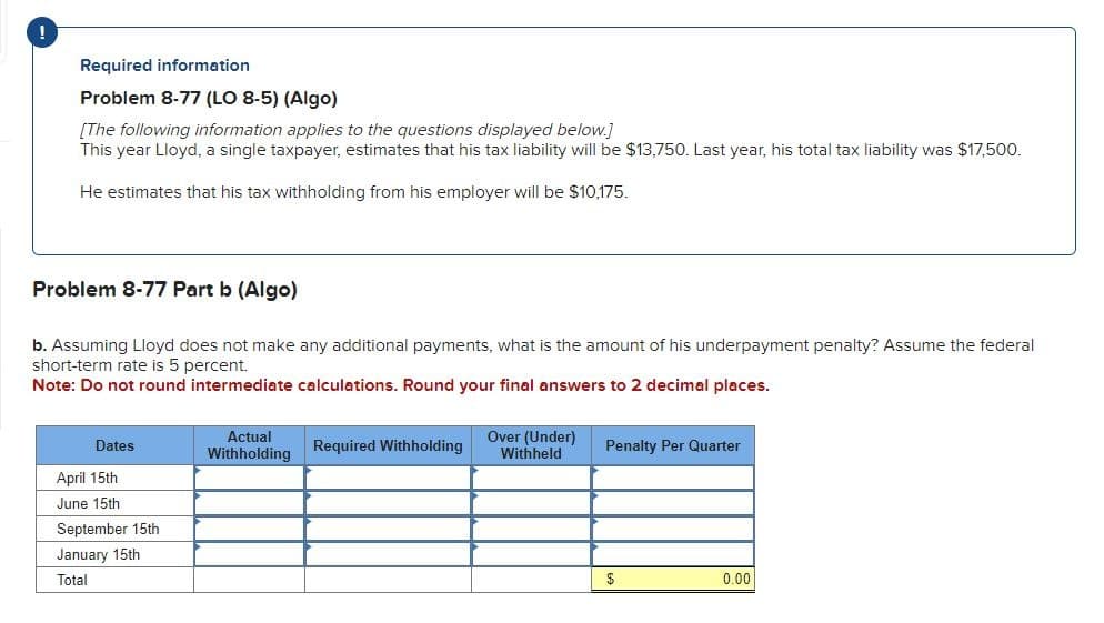 !
Required information
Problem 8-77 (LO 8-5) (Algo)
[The following information applies to the questions displayed below.]
This year Lloyd, a single taxpayer, estimates that his tax liability will be $13,750. Last year, his total tax liability was $17,500.
He estimates that his tax withholding from his employer will be $10,175.
Problem 8-77 Part b (Algo)
b. Assuming Lloyd does not make any additional payments, what is the amount of his underpayment penalty? Assume the federal
short-term rate is 5 percent.
Note: Do not round intermediate calculations. Round your final answers to 2 decimal places.
Dates
April 15th
June 15th
September 15th
January 15th
Total
Actual
Withholding
Required Withholding
Over (Under)
Withheld
Penalty Per Quarter
$
0.00