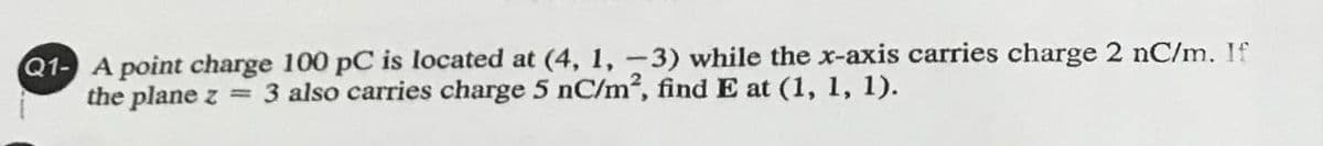 Q1- A point charge 100 pC is located at (4, 1, -3) while the x-axis carries charge 2 nC/m. If
the plane z = 3 also carries charge 5 nC/m2, find E at (1, 1, 1).
