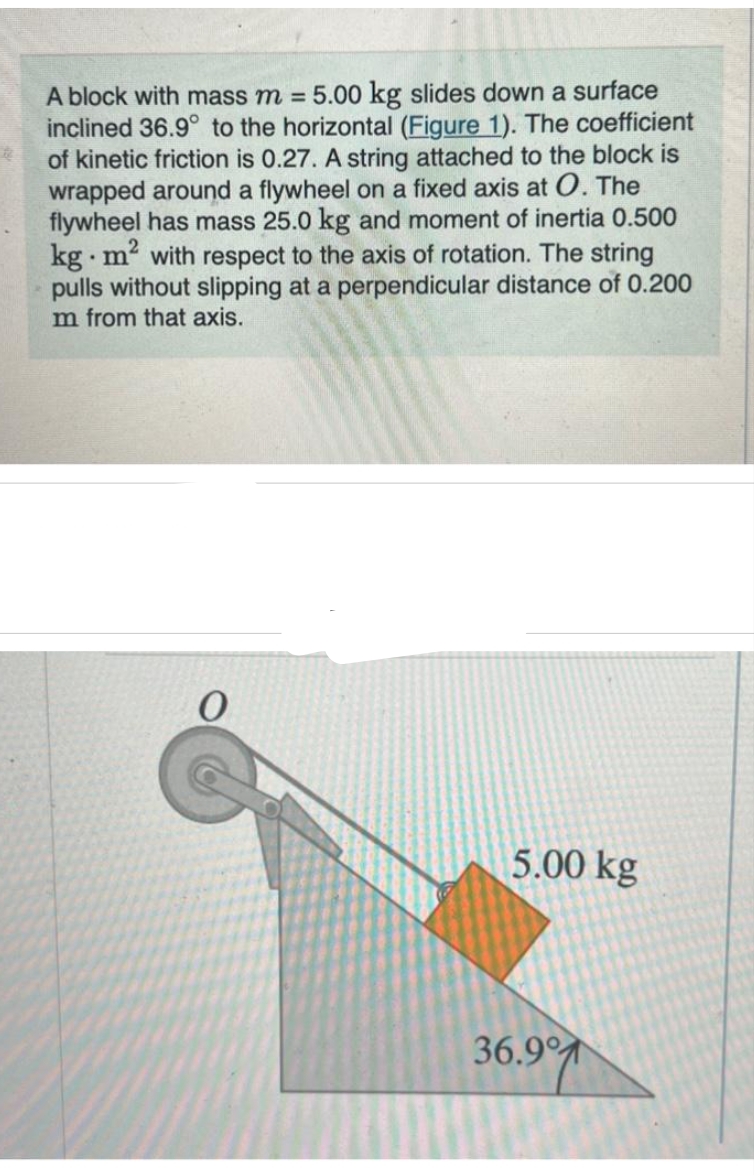 A block with mass m = 5.00 kg slides down a surface
inclined 36.9° to the horizontal (Figure 1). The coefficient
of kinetic friction is 0.27. A string attached to the block is
wrapped around a flywheel on a fixed axis at O. The
flywheel has mass 25.0 kg and moment of inertia 0.500
kg m² with respect to the axis of rotation. The string
.
pulls without slipping at a perpendicular distance of 0.200
Im from that axis.
5.00 kg
36.9°