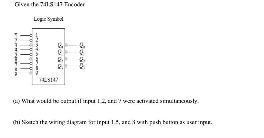 Given the 74LS147 Encoder
TINKHK167006
Logic Symbol
56679AWN
74LS147
(a) What would be output if input 1,2, and 7 were activated simultaneously.
(b) Sketch the wiring diagram for input 1,5, and 8 with push button as user input.