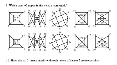 8. Which pairs of graphs in this set are isomorphic?
18
17
56
8 7
10 11 12
妆
3 16 15 14 13 23
24
19
20
25
21 32
2627
3130
28 33
29 39
40
34
11. Show that all 5-vertex graphs with each vertex of degree 2 are isomorphic.
38
36
35
37
22
18
10 11 12
25
28 33
35
17
19
2627
34
56
回家接团圆
20
87
24
40 36
3130
38
3 16 15 14 13
23
21
32
29 39
37
22