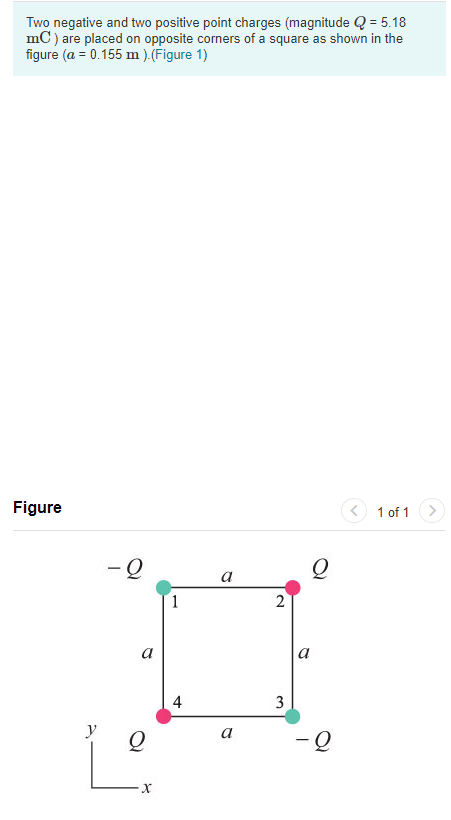 Two negative and two positive point charges (magnitude Q = 5.18
mC) are placed on opposite corners of a square as shown in the
figure (a = 0.155 m ).(Figure 1)
Figure
< 1 of 1
a
1
a
a
4
3
y
а
2.
