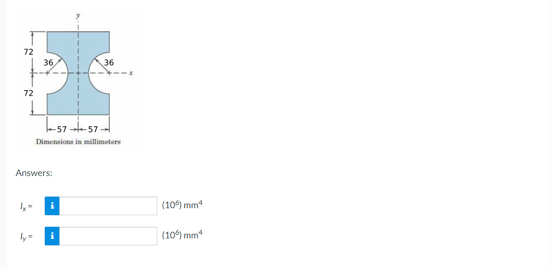 72
72
36
36
-57
57
Dimensions in millimeters
Answers:
1x =
i
(106) mm4
(106) mm 4