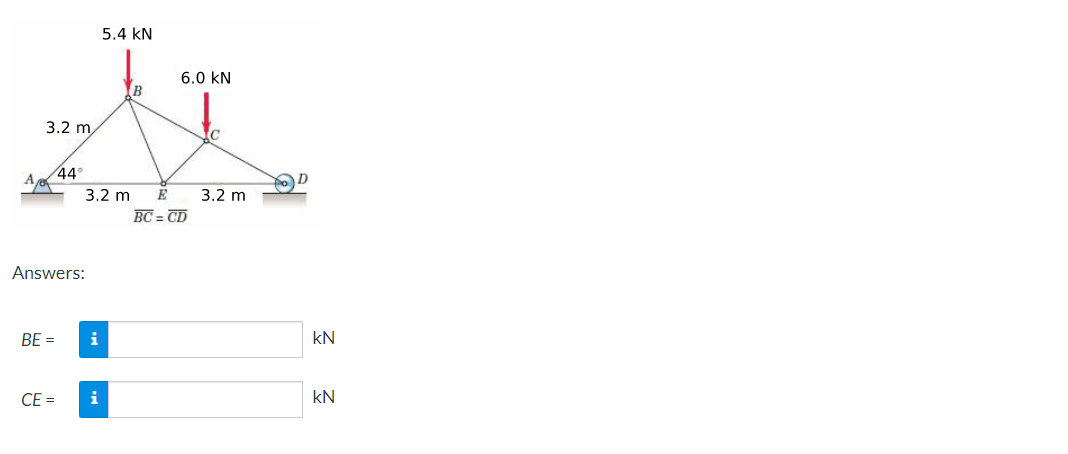 3.2 m
44°
A
Answers:
BE =
CE=
5.4 KN
B
E
BC=CD
3.2 m
i
i
6.0 KN
c
3.2 m
kN
kN