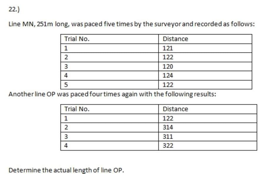 22.)
Line MN, 251m long, was paced five times by the surveyor and recorded as follows:
Trial No.
Distance
1
121
2
122
3
120
4
124
5
122
Another line OP was paced four times again with the following results:
Trial No.
Distance
1
122
2
314
3
311
4
322
Determine the actual length of line OP.
