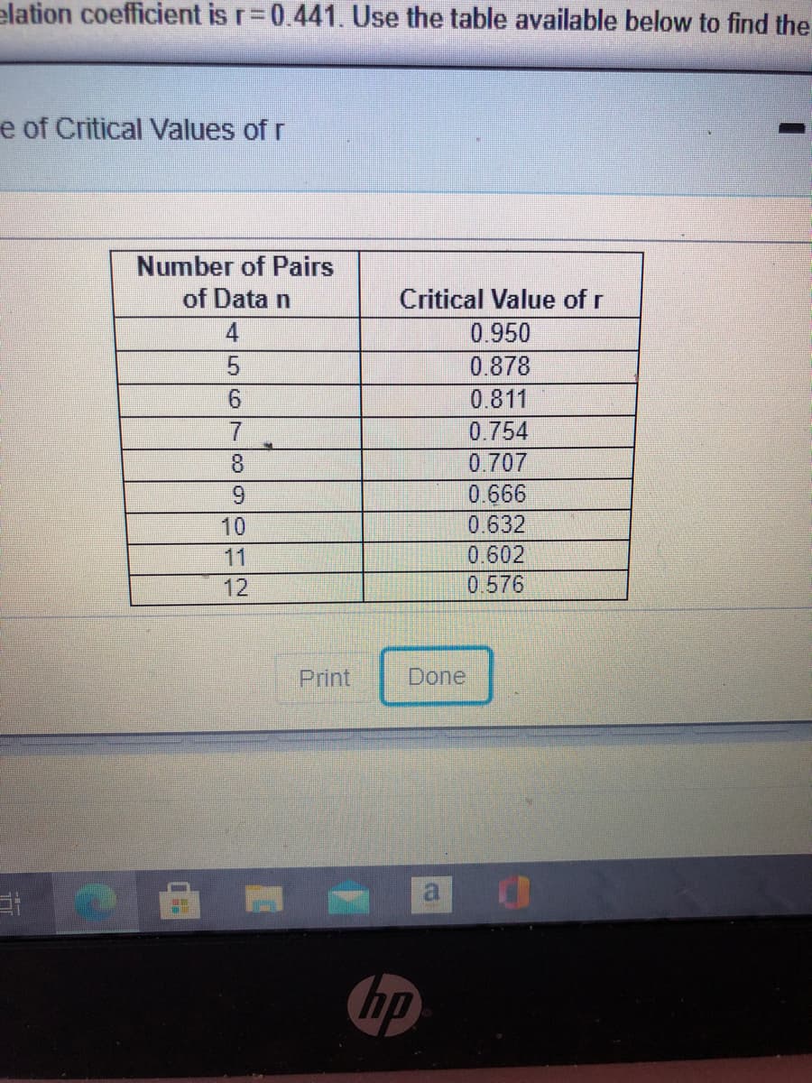 elation coefficient is r=0.441. Use the table available below to find the
e of Critical Values of r
%3D
Number of Pairs
of Data n
Critical Value of r
4
0.950
0.878
0.811
0.754
8.
0.707
9.
0.666
10
0.632
11
0.602
12
0.576
Print
Done
hp
