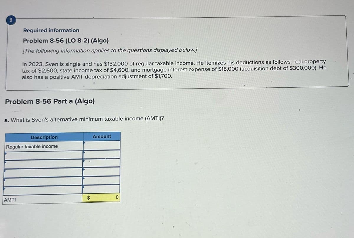 Required information
Problem 8-56 (LO 8-2) (Algo)
[The following information applies to the questions displayed below.]
In 2023, Sven is single and has $132,000 of regular taxable income. He itemizes his deductions as follows: real property
tax of $2,600, state income tax of $4,600, and mortgage interest expense of $18,000 (acquisition debt of $300,000). He
also has a positive AMT depreciation adjustment of $1,700.
Problem 8-56 Part a (Algo)
a. What is Sven's alternative minimum taxable income (AMTI)?
AMTI
Description
Regular taxable income
Amount
0
0