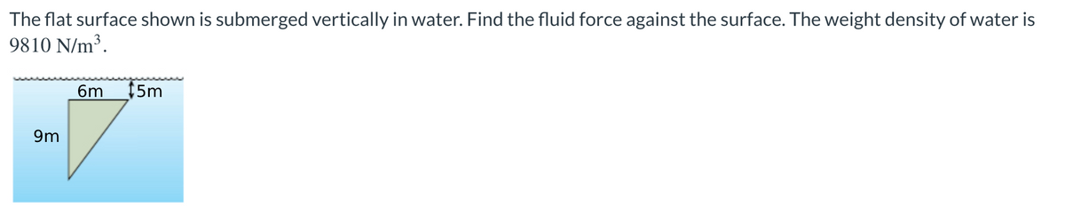 The flat surface shown is submerged vertically in water. Find the fluid force against the surface. The weight density of water is
9810 N/m³.
6m
$5m
9m
