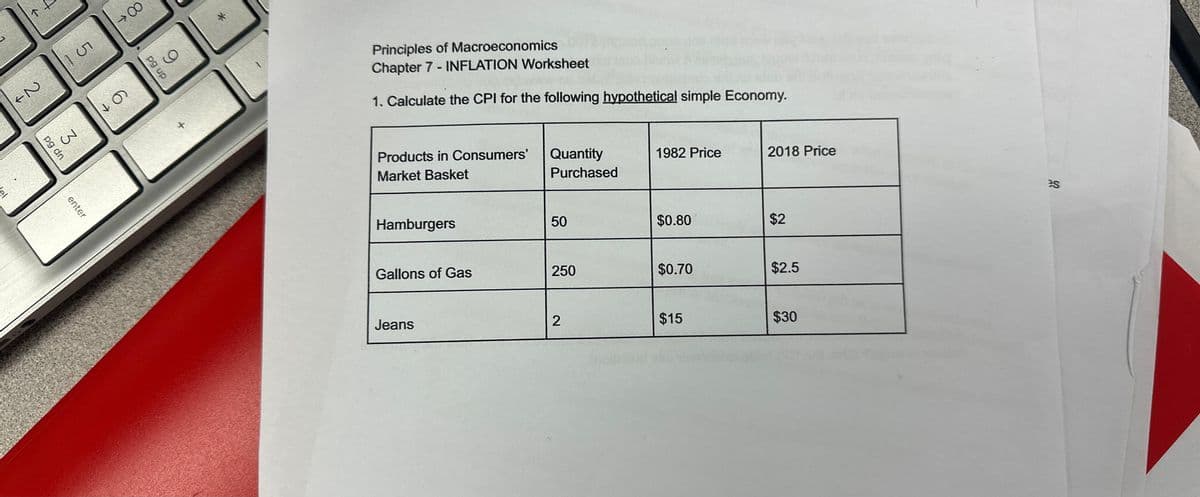 个
↑+
2N
pg dn
3
enter
S
67
pg up
9
*
Principles of Macroeconomics
Chapter 7-INFLATION Worksheet
1. Calculate the CPI for the following hypothetical simple Economy.
Products in Consumers'
Market Basket
Hamburgers
Gallons of Gas
Jeans
Quantity
Purchased
50
250
2
1982 Price
$0.80
$0.70
$15
2018 Price
$2
$2.5
$30
es