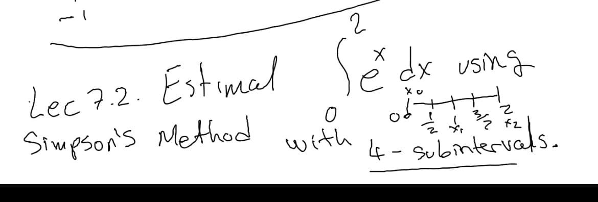 Lec 7.2. Estimal
Simpson's Method
ě dx using
with
4- Subintervals.
