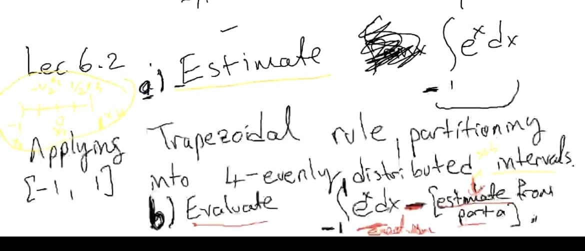 Lec 6.2
e) Estimate
Setde
Applyang Trapezoidal nule
{-1, ] into 4-evenly, distri buted mteraels
b) Evaluate
partitioniny
,
1-
porta]
