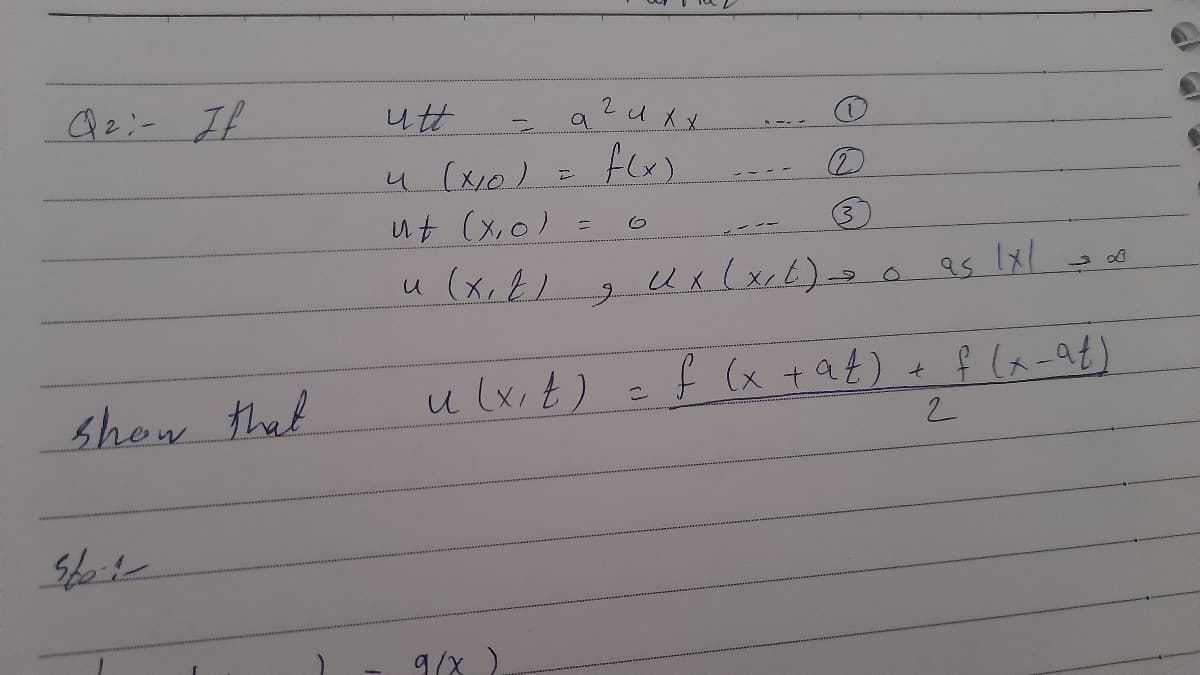 Az:- If
a
4 (x0)
ut (x,0)
3.
u (x,E1
Ux (xt)-
u lxit)
f (x +at)+f (か-94)
show that
こ
