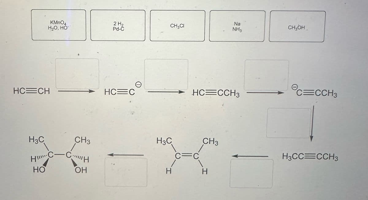 HC=CH
H3C
KMnO4
H2O, HO-
HO
CH3
H:C-C… н
ОН
2H2
Pd-C
HC C
Ө
CH3CI
H3C
HC=CCH3
c=c
CH3
Na
NH3
Н
CH₂OH
C=CCH3
H3CC=CCH3