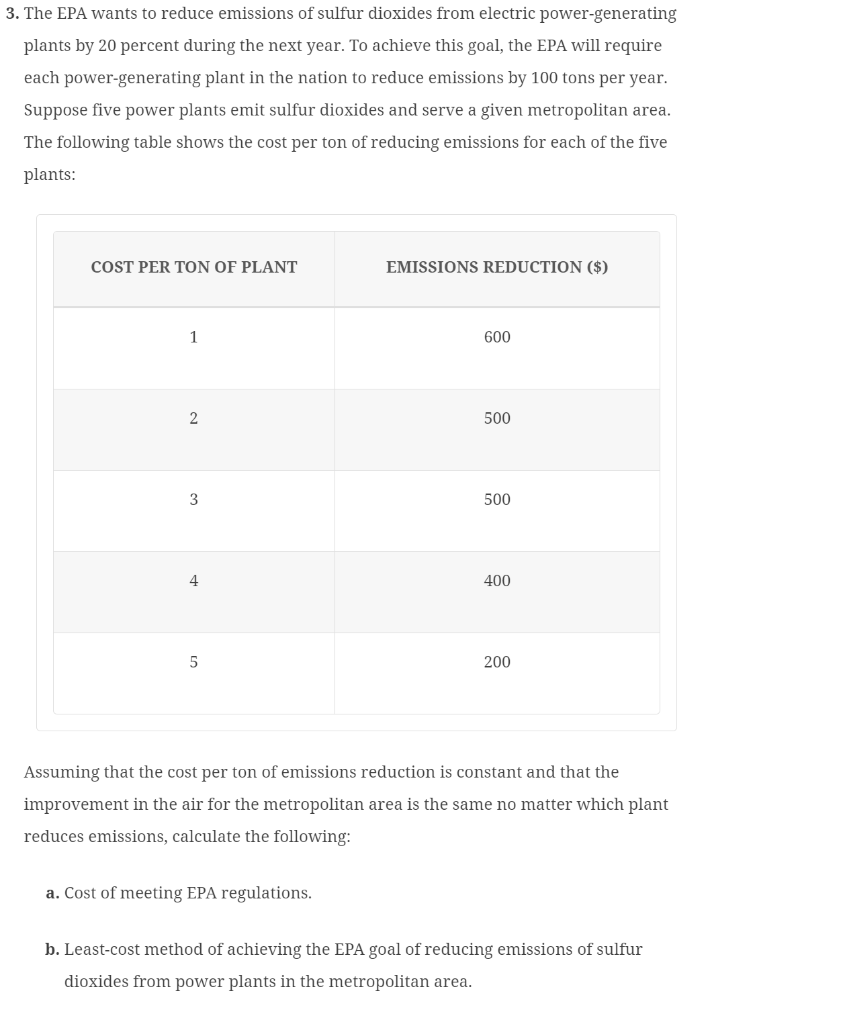 3. The EPA wants to reduce emissions of sulfur dioxides from electric power-generating
plants by 20 percent during the next year. To achieve this goal, the EPA will require
each power-generating plant in the nation to reduce emissions by 100 tons per year.
Suppose five power plants emit sulfur dioxides and serve a given metropolitan area.
The following table shows the cost per ton of reducing emissions for each of the five
plants:
COST PER TON OF PLANT
1
2
3
4
5
EMISSIONS REDUCTION ($)
a. Cost of meeting EPA regulations.
600
500
500
400
200
Assuming that the cost per ton of emissions reduction is constant and that the
improvement in the air for the metropolitan area is the same no matter which plant
reduces emissions, calculate the following:
b. Least-cost method of achieving the EPA goal of reducing emissions of sulfur
dioxides from power plants in the metropolitan area.