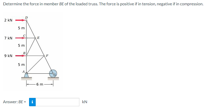 Determine the force in member BE of the loaded truss. The force is positive if in tension, negative if in compression.
2 kN
7 kN
9 kN
5 m
5 m
5 m
0
A
E
B
F
Answer: BE =
6 m
kN