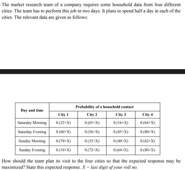 The market research team of a company requires some household data from four different
cities. The team has to perform this job in two days. It plans to spend half a day in each of the
cities. The relevant data are given as follows:
Probability of a household contact
Day and time
City 1
City 2
City 3
City 4
Saturday Morning
0.(32+X)
0.(65+X)
0.(16+X)
0.(64+X)
Saturday Evening
0.(60+X)
0.(56+X)
0.(85+X)
0.(80+X)
Sunday Morning
0.(70+X)
0.(35+X)
0.(40+X)
0.(62+X)
Sunday Evening
0.(10+X)
0.(72+X)
0.(64+X)
0.(80+X)
How should the team plan its visit to the four cities so that the expected response may be
maximized? State this expected response. X = last digit of your roll no.
