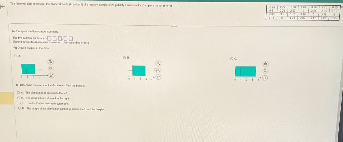 不
The following data represent the dividend yields (in percent) of a random sample of 28 publicly traded stocks. Complete parts (a) to (c)
2.75
0.61 0.24
2.08 3.5
0.11 0
0.27 2.08 0.07 0.36 2.75 0.58
2.67 0 2.65 2.95 0.16
1.13 0.15 0 3.19 0
1.23 2.07 0.11 1.88 1.95
(a) Compute the five-number summary
The five-number summary is
(Round to two decimal places as needed. Use ascending order.)
(b) Draw a boxplot of the data.
O A.
(c) Determine the shape of the distribution from the boxplot
OA. The distribution is skewed to the left.
OB. The distribution is skewed to the right.
OC. The distribution is roughly symmetric.
OD. The shape of the distribution cannot be determined from the boxplot
OB.
Da
O C.