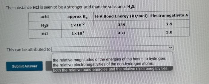 The substance HCI is seen to be a stronger acid than the substance H₂S.
acid
H₂S
HCI
This can be attributed to
Submit Answer
approx Ka H-A Bond Energy (kJ/mol) Electronegativity A
1x107
1x107
339
431
2.5
3.0
the relative magnitudes of the energies of the bonds to hydrogen.
the relative electronegativities of the non-hydrogen atoms.
both the relative bond energies and the relative electronegativities.