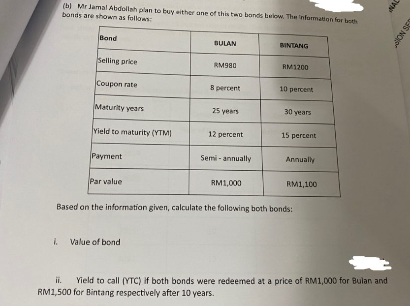 (b) Mr Jamal Abdollah plan to buy either one of this two bonds below. The information for both
bonds are shown as follows:
Bond
Selling price
Coupon rate
Maturity years
Yield to maturity (YTM)
Payment
Par value
BULAN
i. Value of bond
RM980
8 percent
25 years
12 percent
Semi-annually
RM1,000
BINTANG
RM1200
10 percent
30 years
15 percent
Annually
RM1,100
Based on the information given, calculate the following both bonds:
ii.
Yield to call (YTC) if both bonds were redeemed at a price of RM1,000 for Bulan and
RM1,500 for Bintang respectively after 10 years.
INAL
SION SE