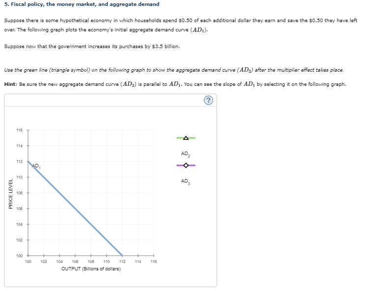 5. Fiscal policy, the money market, and aggregate demand
Suppose there is some hypothetical economy in which households spend $0.50 of each additional dollar they earn and save the $0.50 they have left
over. The following graph plots the economy's initial aggregate demand curve (AD₁).
Suppose now that the government increases its purchases by $3.5 billion.
Use the green line (triangle symbol) on the following graph to show the aggregate demand curve (AD₂) after the multiplier effect takes place.
Hint: Be sure the new aggregate demand curve (AD₂) is parallel to AD₁. You can see the slope of AD₁ by selecting it on the following graph.
PRICE LEVEL
116
114
112
110
108
106
104
102
100
AD₁
100
102
104 106 108 110
OUTPUT (Billions of dollars)
112
114 116
AD₂
$3
AD₂