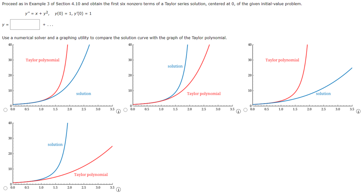 Proceed as in Example 3 of Section 4.10 and obtain the first six nonzero terms of a Taylor series solution, centered at 0, of the given initial-value problem.
y" = x + y2, y(0) = 1, y'(0) = 1
y =
Use a numerical solver and a graphing utility to compare the solution curve with the graph of the Taylor polynomial.
40
40
40
30
Taylor polynomial
30
30
Taylor polynomial
solution
20
20
20
10
10
10
solution
Taylor polynomial
solution
0.0
0.5
1.0
1.5
2.0
3.0
3.5
0.0
0.5
1.5
3.0
3.5
0.0
0.5
3.0
3.5
40
30
solution
20
10
Taylor polynomial
0.0
0.5
1.0
1.5
2.0
2.5
3.0
3.5
