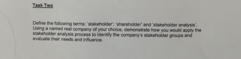 Task Two
Define the following terms: 'stakeholder'; 'shareholder' and 'stakeholder analysis'.
Using a named real company of your choice, demonstrate how you would apply the
stakeholder analysis process to identify the company's stakeholder groups and
evaluate their needs and influence.