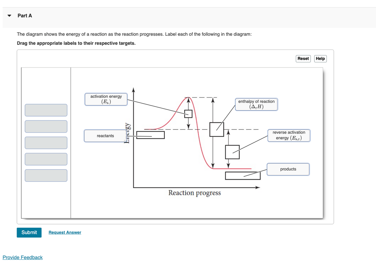 Part A
The diagram shows the energy of a reaction as the reaction progresses. Label each of the following in the diagram:
Drag the appropriate labels to their respective targets.
Reset
Help
activation energy
enthalpy of reaction
(ΔΗ)
(E.)
reverse activation
reactants
energy (Enr)
products
Reaction progress
Submit
Request Answer
Provide Feedback
