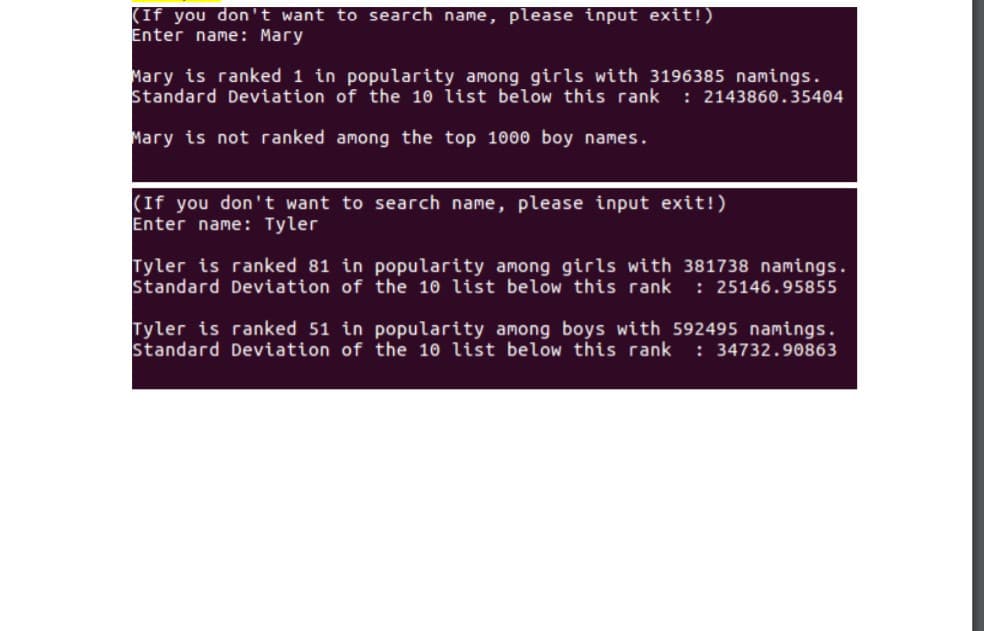 (If you don't want to search name, please input exit!)
Enter name: Mary
Mary is ranked 1 in popularity among girls with 3196385 namings.
Standard Deviation of the 10 list below this rank
: 2143860.35404
Mary is not ranked among the top 1000 boy names.
(If you don 't want to search name, please input exit!)
Enter name: Tyler
Tyler is ranked 81 in popularity among girls with 381738 namings.
Standard Deviation of the 10 list below this rank
: 25146.95855
Tyler is ranked 51 in popularity among boys with 592495 namings.
Standard Deviation of the 10 list below this rank
: 34732.90863
