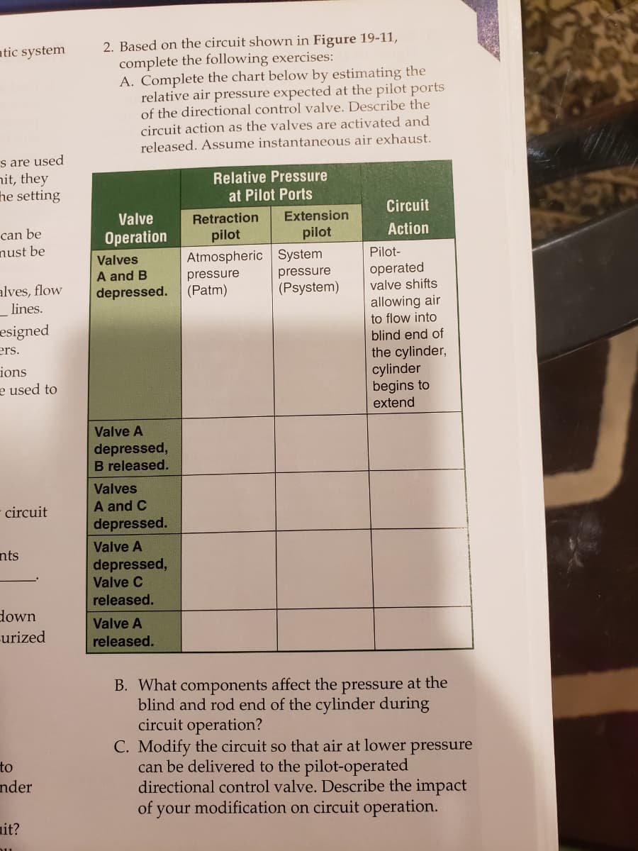 atic system
2. Based on the circuit shown in Figure 19-11,
complete the following exercises:
A. Complete the chart below by estimating the
relative air pressure expected at the pilot ports
of the directional control valve. Describe the
circuit action as the valves are activated and
released. Assume instantaneous air exhaust.
s are used
hit, they
he setting
Relative Pressure
at Pilot Ports
Circuit
Valve
Retraction
Extension
can be
nust be
Operation
pilot
pilot
Action
Atmospheric System
pressure
(Psystem)
Valves
Pilot-
A and B
depressed.
pressure
(Patm)
operated
valve shifts
alves, flow
allowing air
to flow into
blind end of
lines.
esigned
ers.
ions
e used to
the cylinder,
cylinder
begins to
extend
Valve A
depressed,
B released.
Valves
A and C
depressed.
circuit
Valve A
nts
depressed,
Valve C
released.
down
-urized
Valve A
released.
B. What components affect the pressure at the
blind and rod end of the cylinder during
circuit operation?
C. Modify the circuit so that air at lower pressure
can be delivered to the pilot-operated
directional control valve. Describe the impact
of
to
nder
your modification on circuit operation.
ait?
