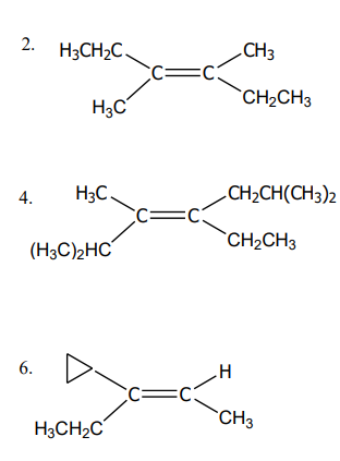 2. H3CH2C.
CH3
c=C3
`CH2CH3
H3C
CH2CH(CH3)2
H3C
Cc=C:
4.
`CH2CH3
(H3C)2HC
6.
Cc=C3
CH3
H3CH2C
