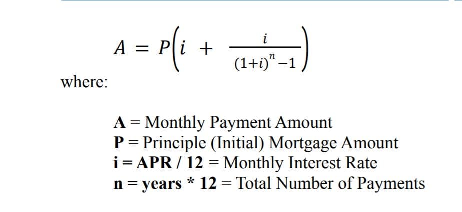 A = r(1 + )
Pi +
(1+i)" –1
where:
A = Monthly Payment Amount
P = Principle (Initial) Mortgage Amount
i= APR / 12 = Monthly Interest Rate
n = years * 12 = Total Number of Payments
%D
