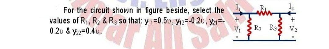 R1
For the circuit shown in figure beside, select the
values of R1, R2 & R3 so that: y1=0.5v, y12=-0.20, y21=-
0.2u & y2=0.40.
R2
R3
V2
