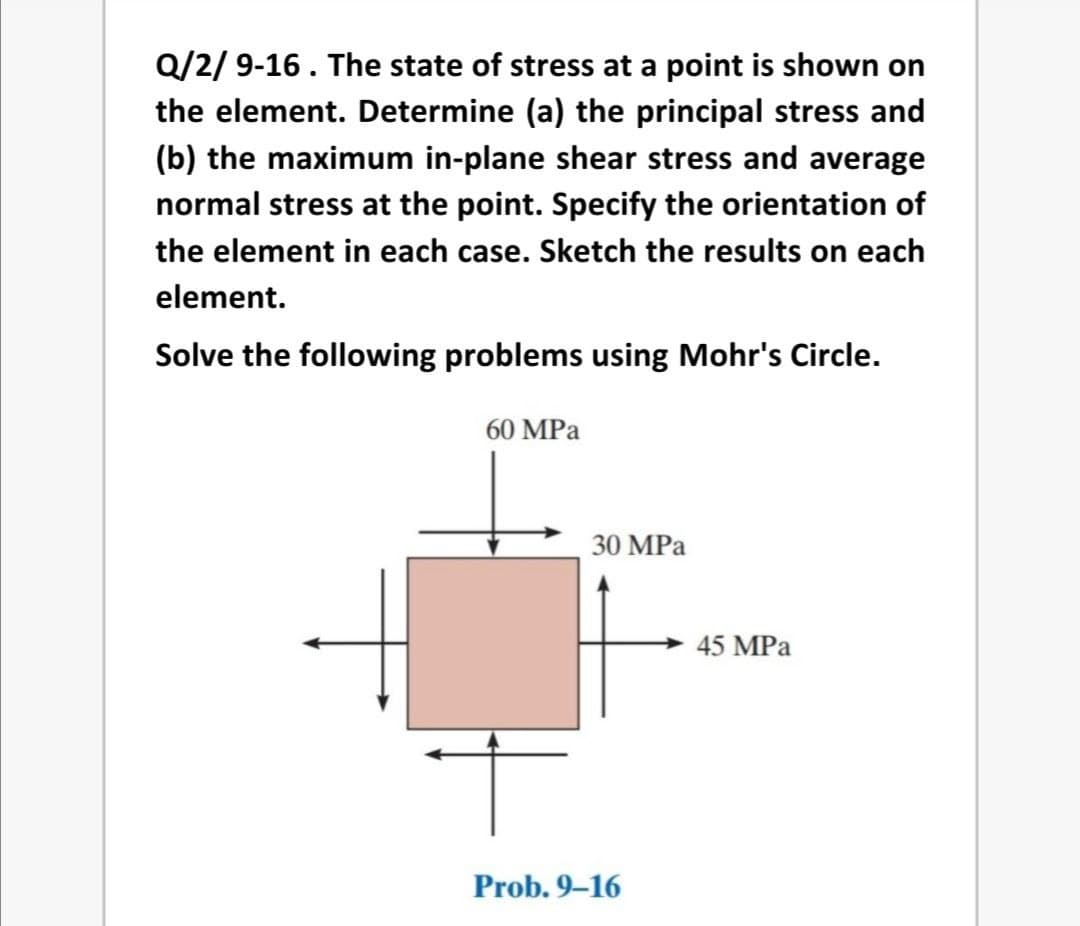 Q/2/ 9-16. The state of stress at a point is shown on
the element. Determine (a) the principal stress and
(b) the maximum in-plane shear stress and average
normal stress at the point. Specify the orientation of
the element in each case. Sketch the results on each
element.
Solve the following problems using Mohr's Circle.
60 MPa
30 MPa
45 MPa
Prob. 9–16
