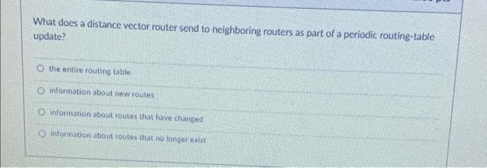 What does a distance vector router send to neighboring routers as part of a periodic routing-table
update?
O the entire routing table
O information about new routes
O information about routes that have changed
Information about routes that no longer exist
