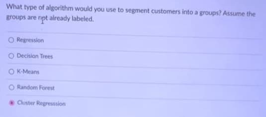 What type of algorithm would you use to segment customers into a groups? Assume the
groups are npt already labeled.
O Regression
O Decision Trees
O K-Means
O Random Forest
Cluster Regresssion
