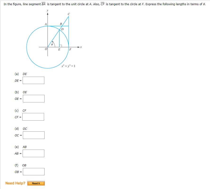 In the figure, line segment BA is tangent to the unit circle at A. Also, CF is tangent to the circle at F. Express the following lengths in terms of 8.
B
D
E
F
r+y²=1
(a) DE
DE =
(b)
OE
OE =
(c) CF
CF =
(d)
OC
OC =
(e)
АВ
AB =
(f)
ов
OB =
Need Help?
Read It
