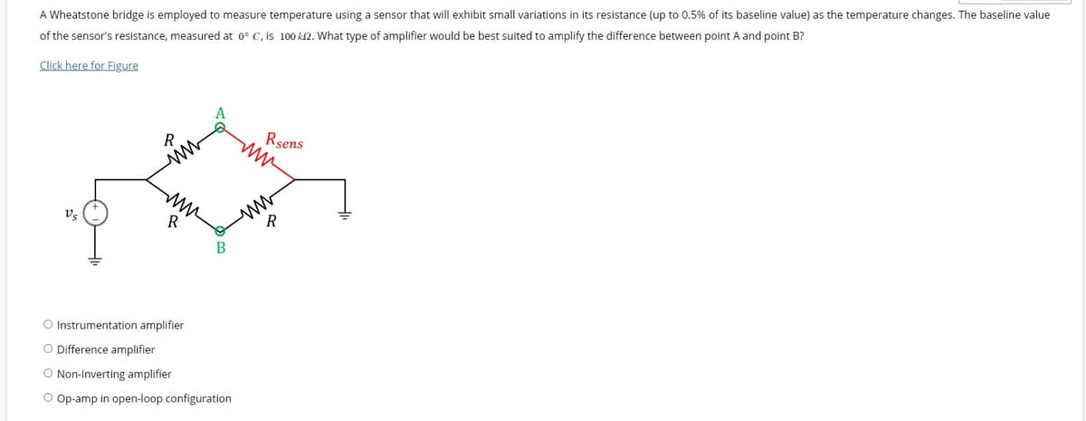 A Wheatstone bridge is employed to measure temperature using a sensor that will exhibit small variations in its resistance (up to 0.5% of its baseline value) as the temperature changes. The baseline value
of the sensor's resistance, measured at o° C, is 100 k2. What type of amplifier would be best suited to amplify the difference between point A and point B?
Click here for Figure
Vs
www
R
O Instrumentation amplifier
O Difference amplifier
B
O Non-Inverting amplifier
O Op-amp in open-loop configuration
Rsens
www
www
R