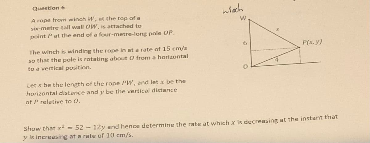 Question 6
A rope from winch W, at the top of a
six-metre-tall wall OW, is attached to
point P at the end of a four-metre-long pole OP.
The winch is winding the rope in at a rate of 15 cm/s
so that the pole is rotating about O from a horizontal
to a vertical position.
Let's be the length of the rope PW, and let x be the
horizontal distance and y be the vertical distance
of P relative to 0.
winch
W
6
O
4
P(x, y)
Show that s² = 52 - 12y and hence determine the rate at which x is decreasing at the instant that
y is increasing at a rate of 10 cm/s.