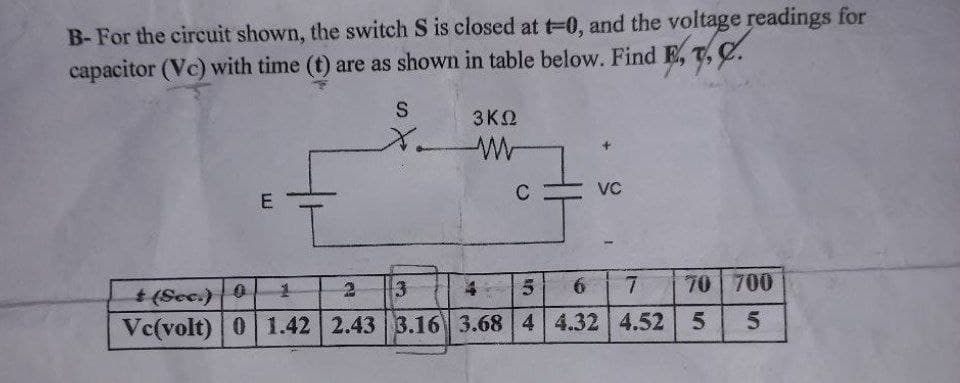B-For the circuit shown, the switch S is closed at t-0, and the voltage readings for
capacitor (Vc) with time (t) are as shown in table below. Find E, T, C.
3KQ
X.
VC
4
5.
6
7.
70 700
$ (Sec.)0
Vc(volt) 0 1.42 2.43 3.16 3.68 4 4.32 4.52 5
