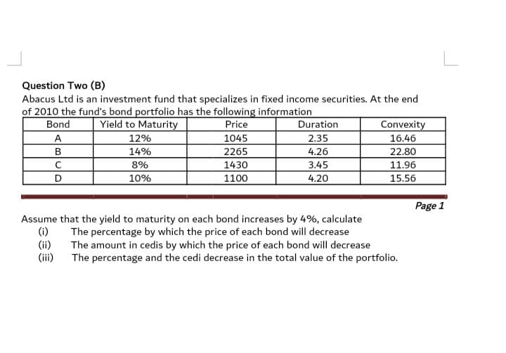 Question Two (B)
Abacus Ltd is an investment fund that specializes in fixed income securities. At the end
of 2010 the fund's bond portfolio has the following information
Bond
Yield to Maturity
Price
Duration
Convexity
A
12%
1045
2.35
16.46
14%
2265
4.26
22.80
11.96
8%
1430
3.45
D
10%
1100
4.20
15.56
Page 1
Assume that the yield to maturity on each bond increases by 4%, calculate
(i)
The percentage by which the price of each bond will decrease
(ii) The amount in cedis by which the price of each bond will decrease
(ii)
The percentage and the cedi decrease in the total value of the portfolio.
