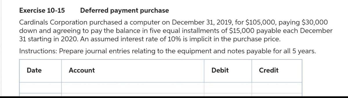 Exercise 10-15 Deferred payment purchase
Cardinals Corporation purchased a computer on December 31, 2019, for $105,000, paying $30,000
down and agreeing to pay the balance in five equal installments of $15,000 payable each December
31 starting in 2020. An assumed interest rate of 10% is implicit in the purchase price.
Instructions: Prepare journal entries relating to the equipment and notes payable for all 5 years.
Date
Account
Debit
Credit