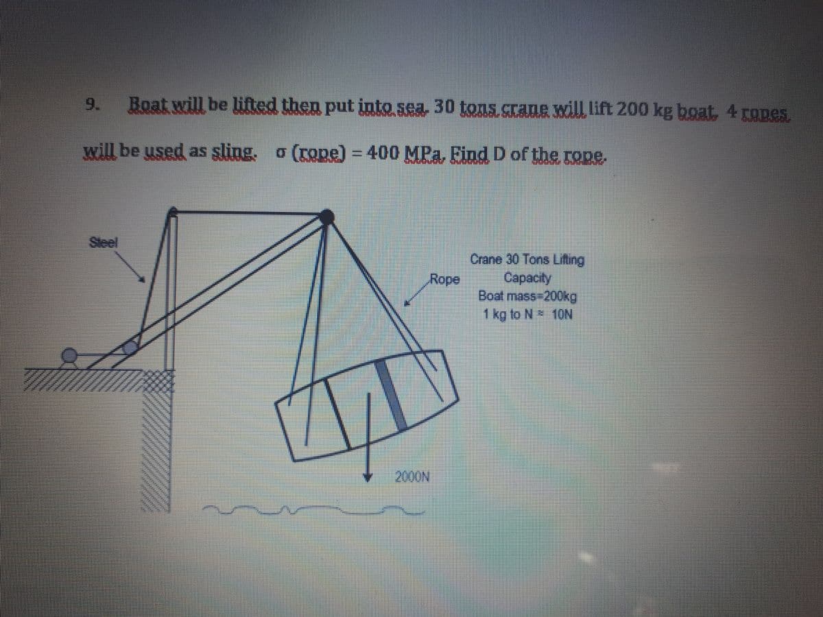 9.
Boat will be lifted then put into sea. 30 tons.crane will lift 200 kg boat, 4 ropes
will be used as şling. o (rope) = 400 MPa, Find D of the rope.
Sleel
Crane 30 Tons Lifting
Сараcty
Boat mass- 20оkg
1 kg to N 10N
Rope
2000N
