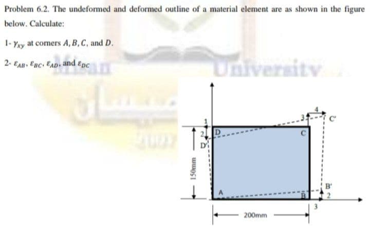 Problem 6.2. The undeformed and deformed outline of a material element are as shown in the figure
below. Calculate:
1- Yay at corners A, B,C, and D.
2- EAR Enc EAD and Epc
University
D
200mm
150mm
